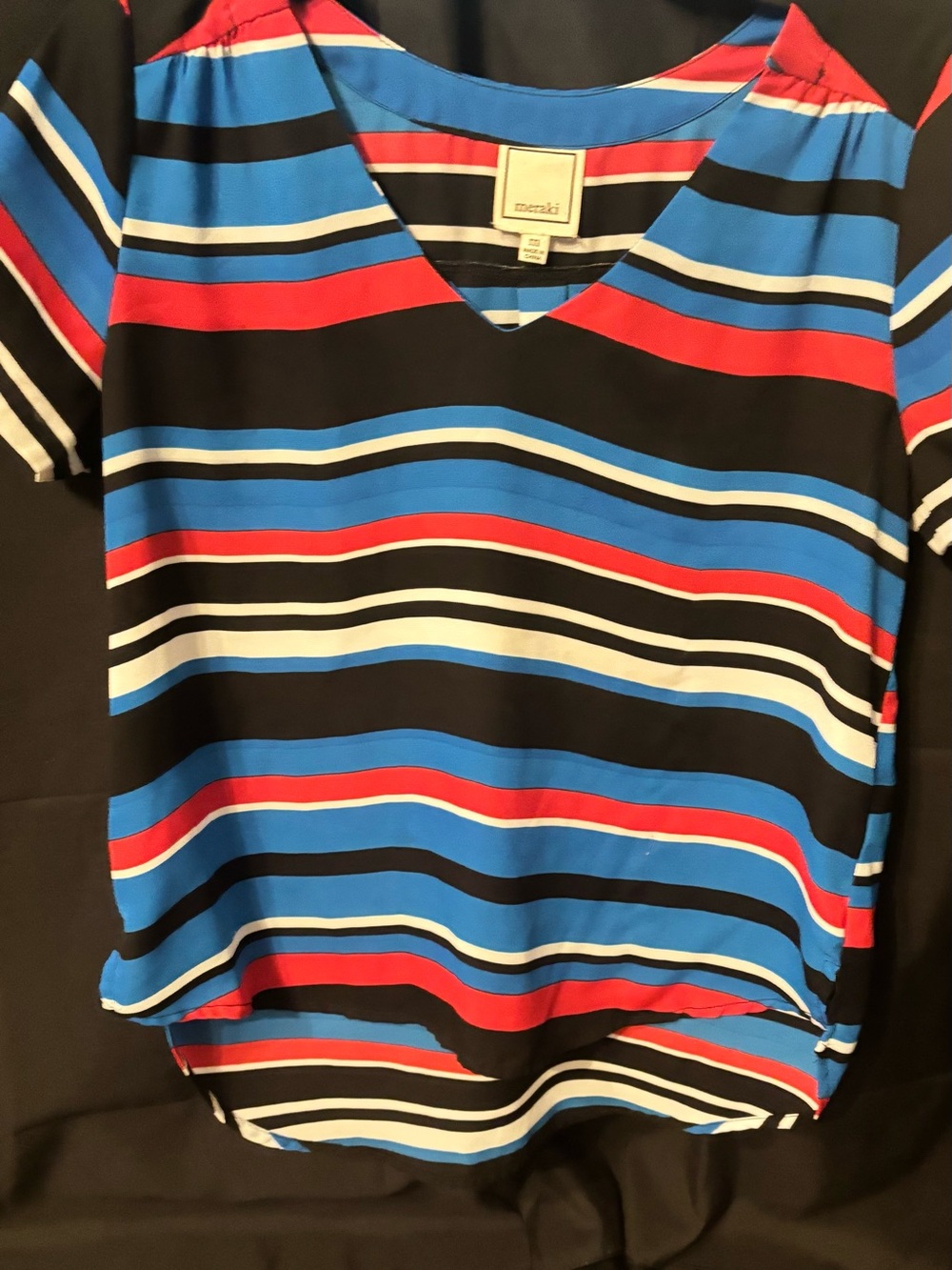 meraki Black Blue Red Striped V-Neck Blouse